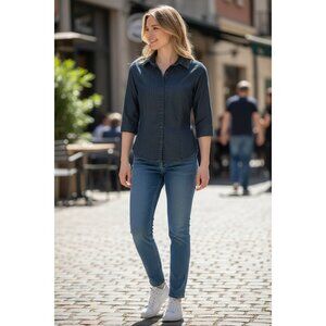 Columbia Womens XS Dark Denim‎ Button-Up Shirt 3/4 Sleeves Casual Fit